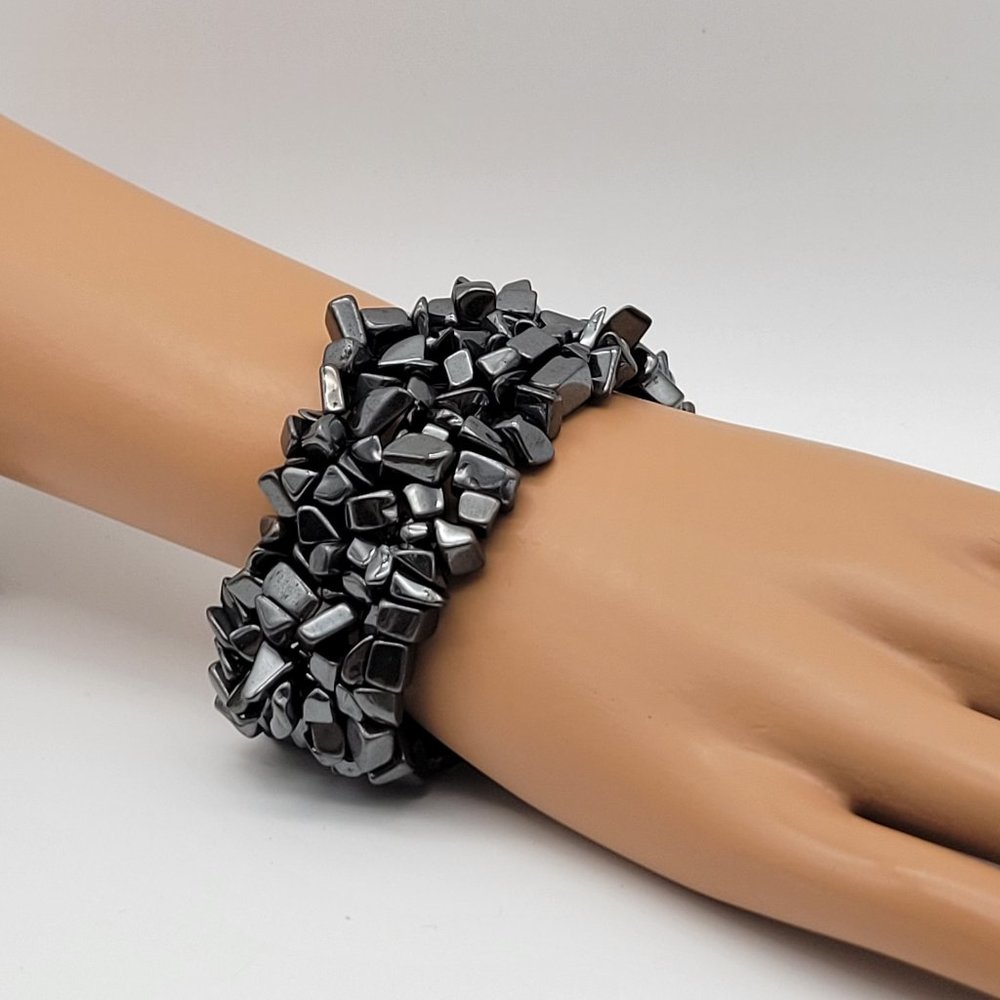 Wide Stretchy Hematite Black Gemstone Cluster Chunky Bracelet